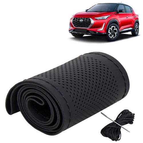 Image of KINGSWAY PU Leatherite Car Steering Cover Sewable Compatible with Nissan Magnite (Year 2020 Onwards), Black Color with Black Thread, Pack of 1 with Sewing Needle and Thread