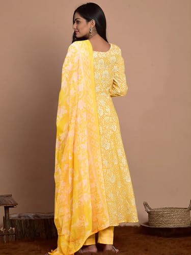 Image of Tee Projekt Women's Cotton Blend Floral Printed Anarkali Kurta Pant with Dupatta Set ll Round Neck