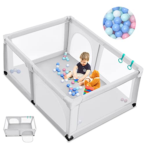 COSTWAY Parc Bébé avec 2 Poignées et 50 Balles Colorées, Aire de Jeu en Maille avec Porte de Sécurité, Ventouses Antidérapantes pour Intérieur...