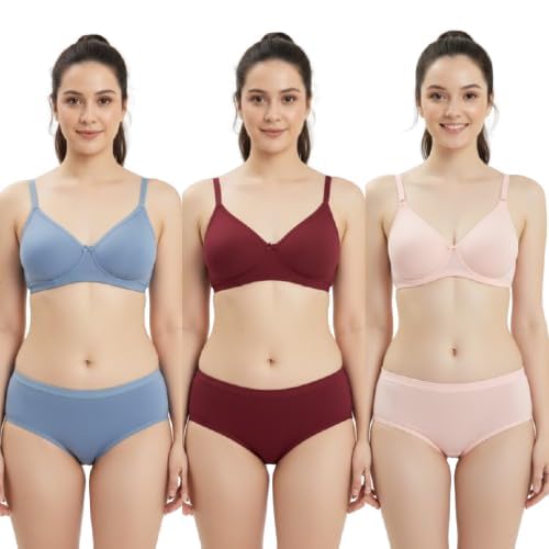 Women & Girl's Regular wear Full Coverage Cotton Non Padded Non-Wired T-Shirts Bra and Panty Lingerie Set (Multi-Mix-Colors-Pack-of-2)
