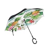 Wamika Regenschirm mit Palmenblättern, umgekehrt, Ananas, Obstblumen, doppelschichtig, Winddicht, selbststehend, UV-Schutz, Nicht automatisch, groß, gerade, umgedreht, C-förmiger Griff
