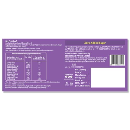Image of GO DESi Dates Dry Fruit Barfi - Pack of 6 | 93% Dry Fruits | No Added Sugar | Sweets | Burfi