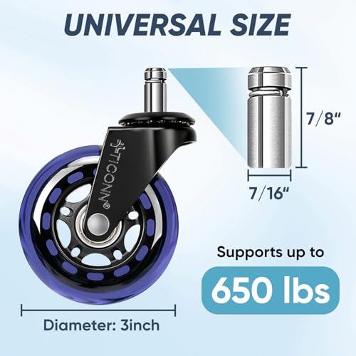Image of TICONN Office Chair Caster Wheels Set of 5 for Tile, Hardwood Floors and Carpets, Universal Fit for Most Chairs (Purple)
