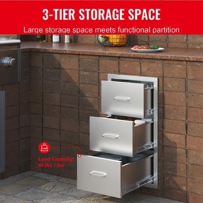 Happybuy Outdoor Kitchen Drawers 16" W x 28.5" H x 20.5" D, Flush Mount Triple Access BBQ Drawers, Stainless Steel with Handle for Outdoor Kitchens or BBQ Islands