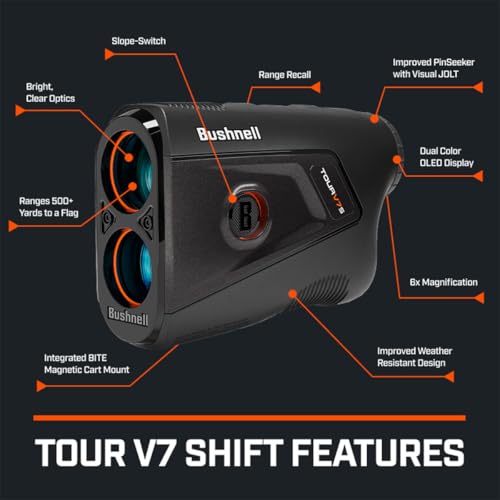 Image of Bushnell Golf Tour V7 Shift Laser Rangefinder Bundle - Slope Technology, Dual Color Display, Yardage Range Recall, 1300-Yard Range & 6X Magnification with PlayBetter Microfiber Towel & CR2 Battery