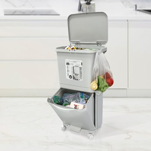 Image of 2 Tiers Kitchen Garbage,Sorting Trash Cans with Wheels,Trash and Recycling Combo,Dry and Wet Separation Can,Classification Trash Bin,Large Capacity Kitchen Plastic Garbage Can,Recycle