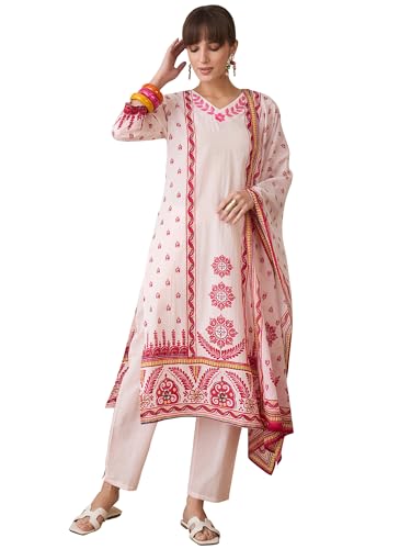 Image of INDO ERA Women's Pure Cotton Straight Ethnic Motifs Printed Inches Kurta With Pant with Dupatta Set (IESTR9762)