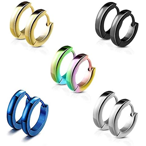 5 Pairs 13mm 316L Stainless Steel Round Huggie Hinged Hoop Earrings for Men and Women Girls, Mens Earrings Hoops Small Set, Titanium Silver Earrings Men/Women Stud Black Gold Clip on Hypoallergenic Cover