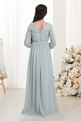 Long Sleeves Juniors Bridesmaid Dresses Chiffon Flower Girl Dresses V Neck Junior Wedding Party Dress UJR0013