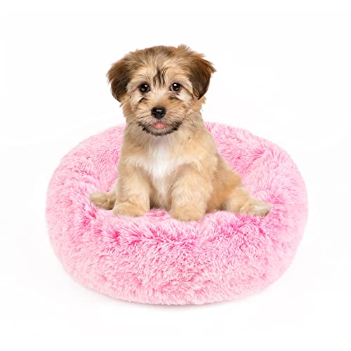 NOYAL Calming Donut Dog Bed for Small to Medium Dogs & Cats – Plush Faux Fur Anti-Anxiety Pet Bed with Machine Washable Cover & Non-Slip Base