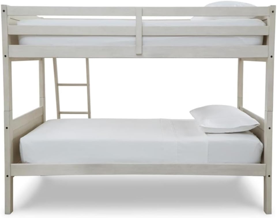 BOWERY HILL Twin/Twin Bunk Bed with Ladder, Antique White Finish, Solid Wood and Engineered Wood Frame, 79x41x62 in, Contemporary Design for Kids or Guest Room