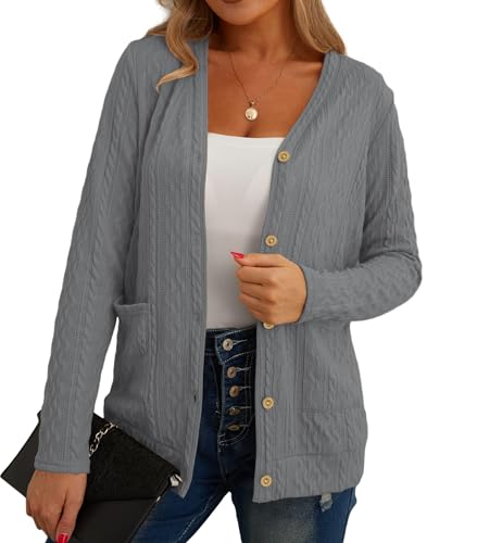 Image of GRECERELLE Womens Cardigan Long Sleeve Lightweight Cardigans Button Down V Neck Ribbed Knit Outerwear Open Front Tops with Pocket for Ladies (Grey, M)