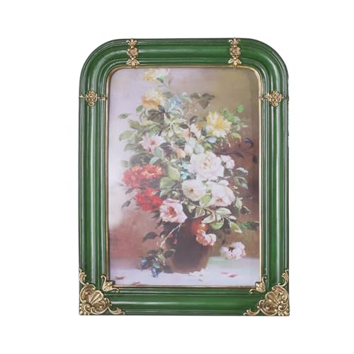 WINPLUS+ Vintage Picture Frame 4x6 Luxury Antique Rectangular Photo Frame In Moss green Finish With Engraved Gilded Floral accents, Real Glass Front, Retro Home Decor, Wall Mount and Tabletop Display,