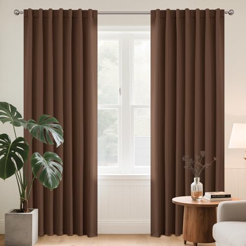 Image of Joydeco Loops, Concealed Curtains, Set of 2, H 175 x W 140 cm, Brown Blackout Opaque Short Polyester Curtain Rod Pocket Curtains Bedroom Living Room Curtains