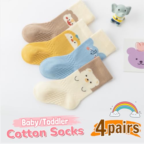 4 Pairs Toddler Baby Girl Boy Kids Socks, Cute Animal Bear Soft Cotton Crew Socks, 0~5T (B,Medium)2