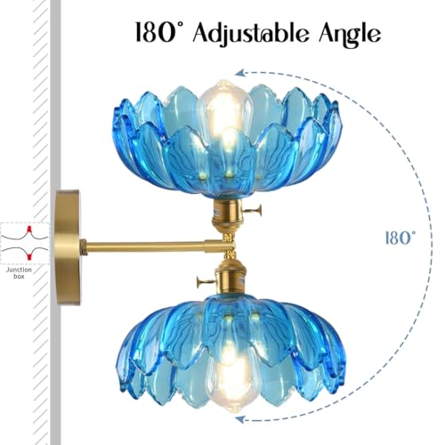 Image of Blue Wall Light Modern Sconces Flower Glass Shade Mid Century Sconce Vintage Bathroom Wall Lamp Black Gold Brass Sconces Fixture Brass Sconce Lighting for Over Mirror Farmhouse Bedroom