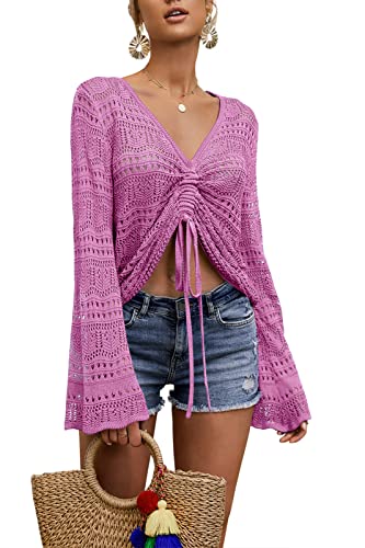 Image of Saodimallsu Womens Boho Off Shoulder Sheer Crop Tops Bell Sleeve Flowy Oversized Crochet Ruched Pullover Sweaters