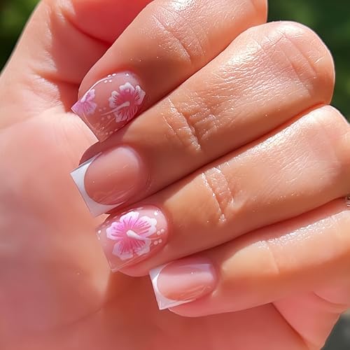 24Pcs White French Flower Press on Nails, Square Glossy Acrylic N...