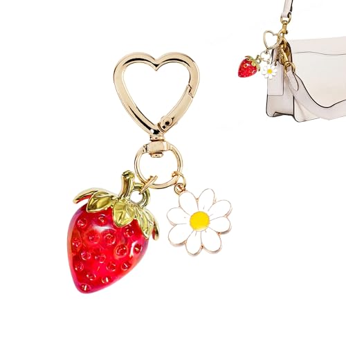Cute Strawberry Keychain for Girls,Kawaii Heart Flower Daisy Key Chain Accessories,Bag Charms, Heart Keychains Decor for Purse Backpack（Red）