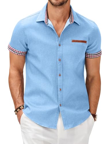 COOFANDY Hemden Herren Kurzarm Jeanshemd Freizeithemden Für Herren Baumwollhemd Kurzarmhemden Männer Casual Business Hemd Kurzarm Slim Fit Klares Blau L