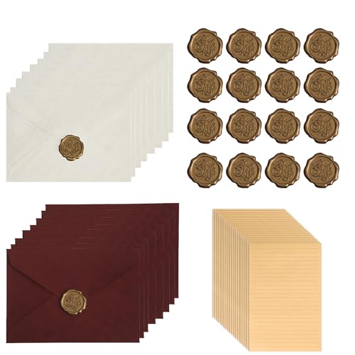 48PCS Briefpapier Set Mit Umschlag, Briefpapier Edel Mit 16 Büttenpapier A5 Und 16 Wachssiegel, Briefumschläge Hochzeit, Vintage Briefpapier Für Liebesbriefe Und Einladungen