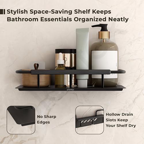 Image of Plantex Self Adhesive Bathroom Shelf /Stainless Steel Bathroom Shelf Rack /Wall Shelf for Bathroom /Bathroom Organiser Without Drill /Bathroom Accessories Set- Pack of 1 (12x5 inches, Black)