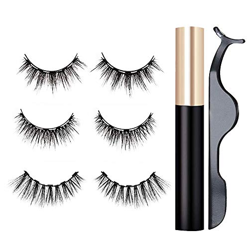 False Lashes Kit,3 Pairs Reusable Magnetic Eyelashes & Magnetic Eyeliner with Professional Tweezers,Very Natural Soft and Comfortable False Eyelashes(Black)