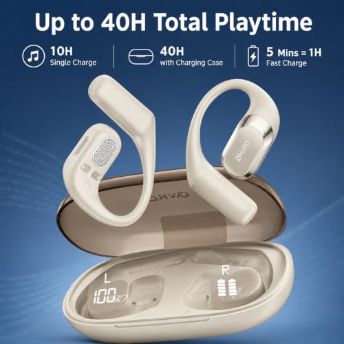 Image of OHAYO Open Ear Headphones,Earbuds with Ergonomic Earhook,Bluetooth Headphones 5.4 with Smart Digital Display,40H Playtime,IPX6 Waterproof,Touch Control Earphones Fit Cycling,Running,Workout(Beige)