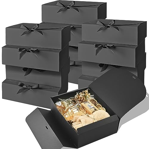 Ocmoiy 12 Pack Gift Boxes with Lids 10.6x7.8x3.1 Inch, Bulk Bridesmaid Proposal Boxes with Ribbon, Black Gift Boxes for Wedding Baby Shower Birthday Party, Valentine\'s Day Gift Boxes