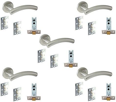 5 Set's Door Handle Pack Internal C/w Latch Ball Bearing Hinges Arched Lever Furniture Stainless Steel 76mm BB