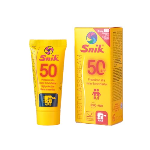 Snik FIRST CLASS CREAM | Crema Solare Viso Professionale Montagna, Sci, Sport Estremi | Esposizione Prolungata al Sole | BIOLOGICA con CAROTENE | SPF 50 Protezione Alta UVA+UVB | Tubetto 20 ml.