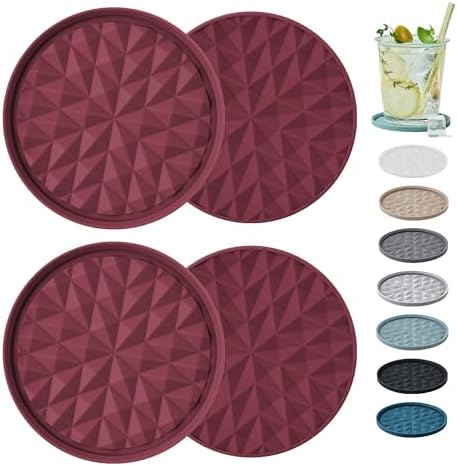 Silicone Coasters for Drinks[4 Pack]- Cup Mat for Tabletop Protection-Non-Slip, Non-Stick, Coffee Table Decor, Great Gift for Any Occasion, Red