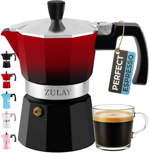 Zulay Classic Stovetop Espresso Maker for Great Flavored Strong Espresso, Classic Italian Style 3 Espresso Cup Moka Pot, Makes Delicious Coffee, Easy to Operate & Quick Cleanup Pot (Red/Black)