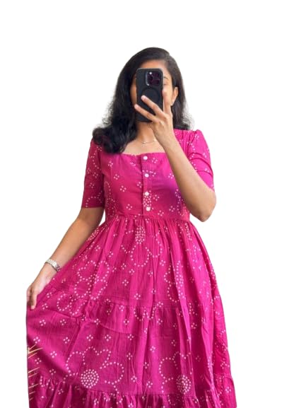 Women's Bandhani Print Cotton Midi Dress, Pink, Puff Sleeves, Tiered Flared Silhouette, Casual-image-31