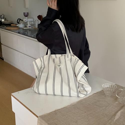 Image of Jeelow Large Striped Or Patterned Canvas Tote Bag for Women Men Shoulder Handbag with Zipper Pocket Travel