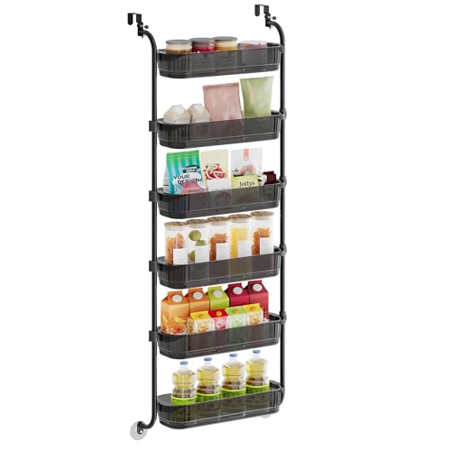SONGMICS Over-the-Door Pantry Storage Organiser, 6-Tier Door-Hanging Spice Rack with Adjustable Tall Baskets, Space-Saving, for Kitchen Bedroom Bathroom Laundry Room, Transparent Black KCS046BH01