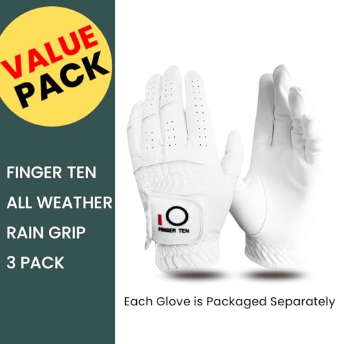 FINGER TEN All Weather Grip Golf Gloves Men Value 3 Pack for Right Handed Golfer, Comfort Soft Glove for Premium Performance, Colors White Black Blue Sizes S M L XL (White, X-Large, Left) by FINGER TEN - Image 2