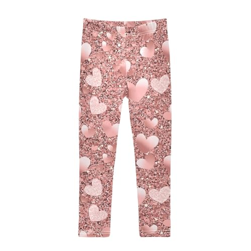 Shiny Pink Heart Girls Leggings Ultra Soft Compression Yoga Gym Pants for Kids 4-10T