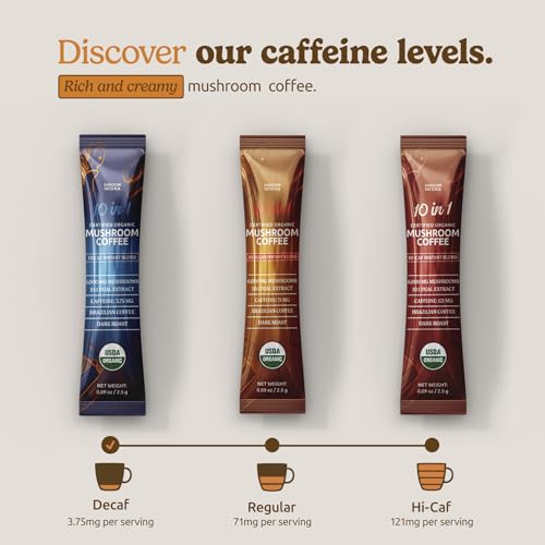 10-in-1 USDA Certified Organic Decaf Mushroom Coffee, Instant Mushroom Coffee Decaf, Brazilian Dark Roast for Better Energy, Focus, Gut Health, 30 Sticks - ShroomDNA