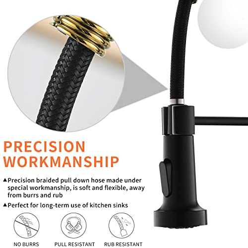 Aimadi Matte Black Kitchen Faucet,Black And Gold Kitchen Faucet With Pull Down Sprayer Commercial Single Handle Spring Kitchen Faucet For Kitchen Sink,Matte Black & Gold #TOP3