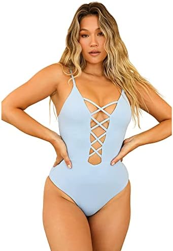 Dippin' Daisy's Bliss One Piece Bathing Suit with Crisscross Style, Swimming Suit for Women with Plunging Neckline Angel Blue