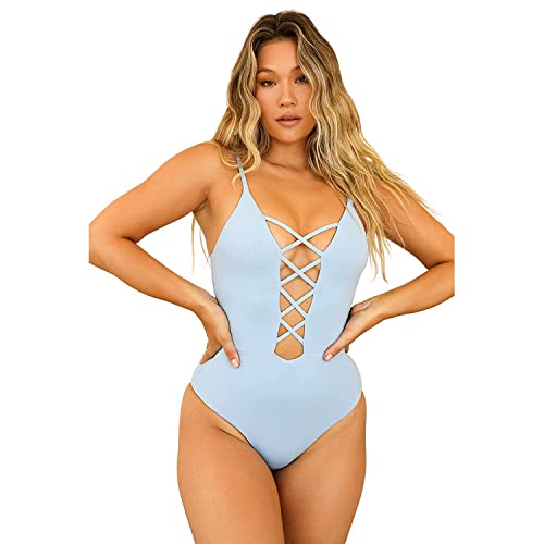 Dippin' Daisy's Bliss One Piece Bathing Suit With Crisscross Style, Swimming Suit For Women With Plunging Neckline Angel Blue #TOP2