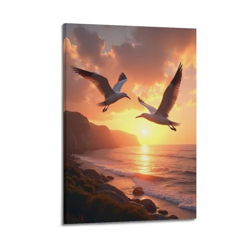 Poster mouettes moderne toile déco murale mer coucher de soleil