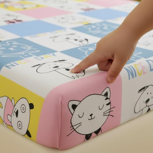 Image of Filymore Cute Cat Bedsheet Made with Microfiber Wrinkle Free Soft Hypoallergenic | Cartoon Printed Double Bed Queen /King Size for Kids (90x90 Inches /Boys Girls Room)(Yellow and Blue)