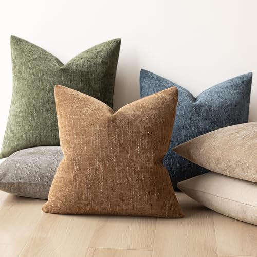 Image of Foindtower Pack of 2 Soft Textured Chenille Throw Decorative Pillow Cover Square Accent Solid Cushion Cover Cozy Neutral Farmhouse Pillow Case for Couch Sofa Bedroom Living Room 24x24 Inch,Olive Green