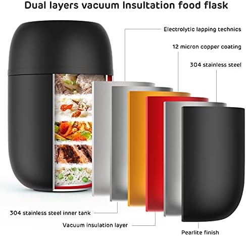 ValueTalks Hot Food Flask Insulated 450ml Stainless Steel Soup Food Container with Folding Spoon Black