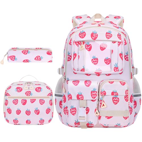 Cute Strawberry 3-in-1 Backpack Set – Kawaii Nylon Rucksack with Lunch Bag & PencilCase for Women Coquette Daypack