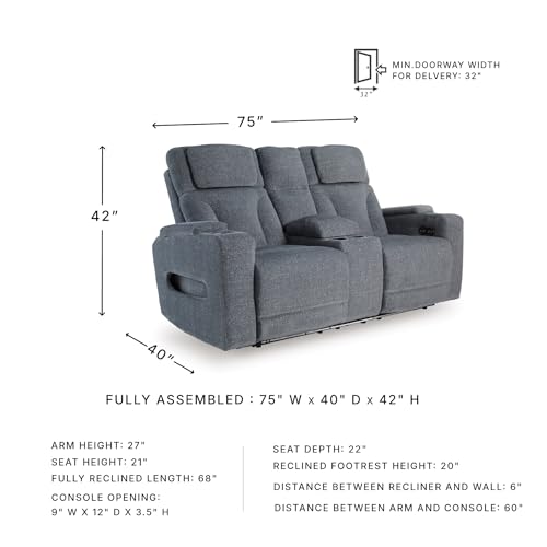 Image of Signature Design by Ashley RiverTest Power Reclining Loveseat with Console, 75 inch W, LED Lights and Easy View Adjustable Headrest, Performance Fabric, Home Theater Seating, Steel Gray