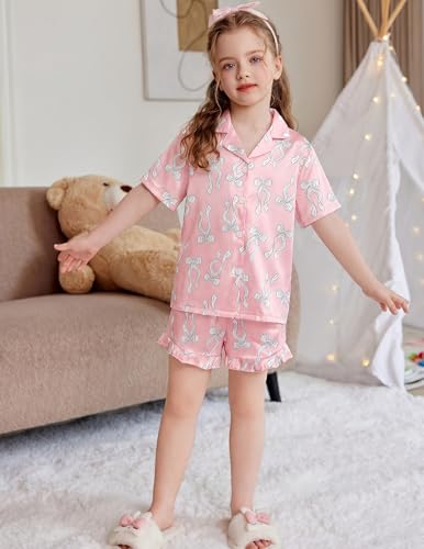 Image of Arshiner Girls Pajamas Silk Satin Pajama Set Button Pjs Ruffle Sleepwear | 2 Piece Nightwear, Silky Soft Lounge for Little & Big Kids, Ideal for Sleeping and Sleepover Party