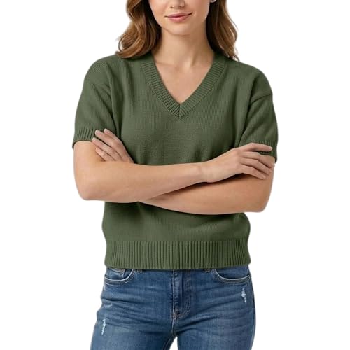Grewear Short Sleeve V-Neck Knit Sweater for Women, Soft Lightweight Pullover Top, Elegant Summer Knitwear, Trendy and Stylish Knitwear for Fall, Winter, and Everyday Wear Olive L